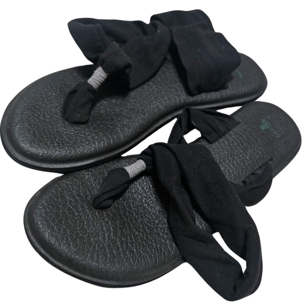 Black Sanuk Yoga Sling 2 Flat Soft Padded Sandals Ankle Knit Fabric Straps SZ 9
